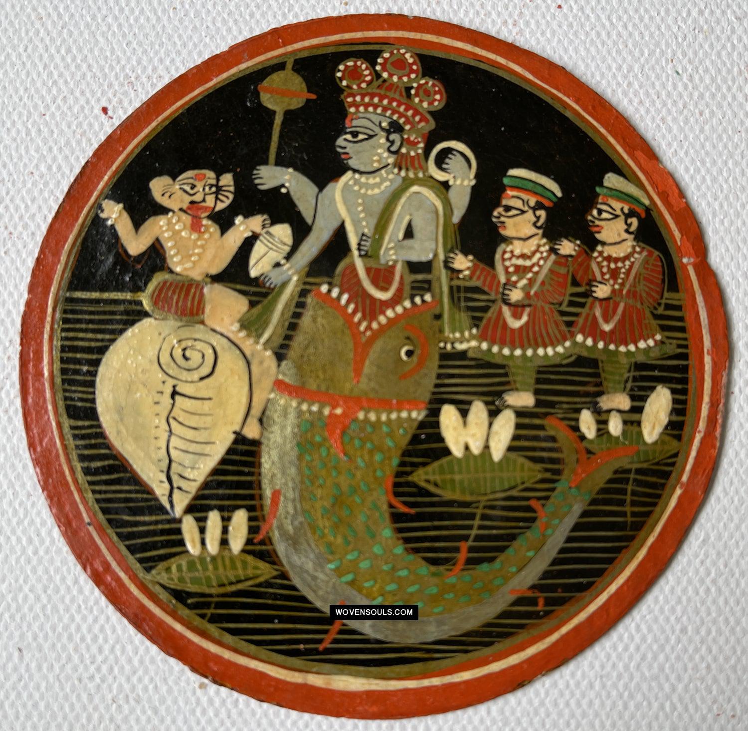 1384-A ONE Large Antique Lacquered Ganjifa Playing Cards - Premium Face Court Card-WOVENSOULS Antique Textiles & Art Gallery