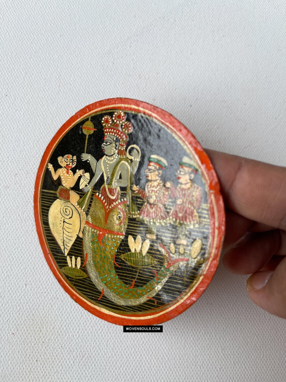 1384-A ONE Large Antique Lacquered Ganjifa Playing Cards - Premium Face Court Card-WOVENSOULS Antique Textiles & Art Gallery