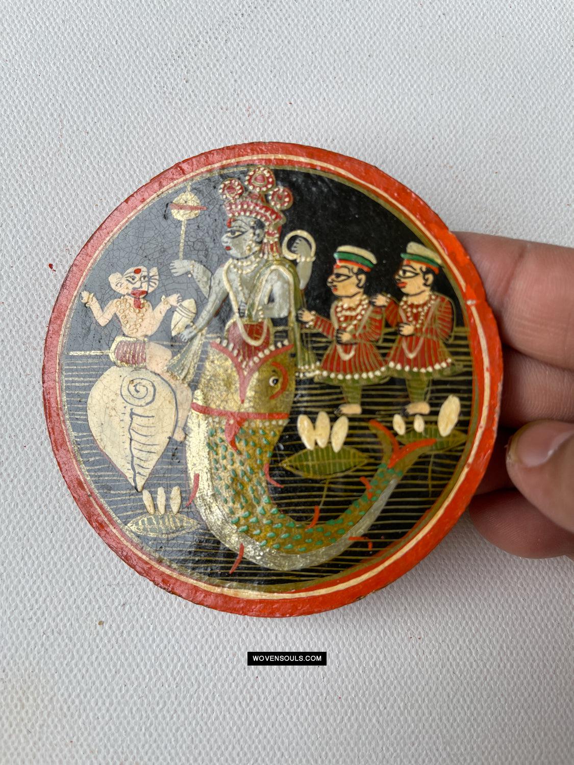 1384-A ONE Large Antique Lacquered Ganjifa Playing Cards - Premium Face Court Card-WOVENSOULS Antique Textiles & Art Gallery