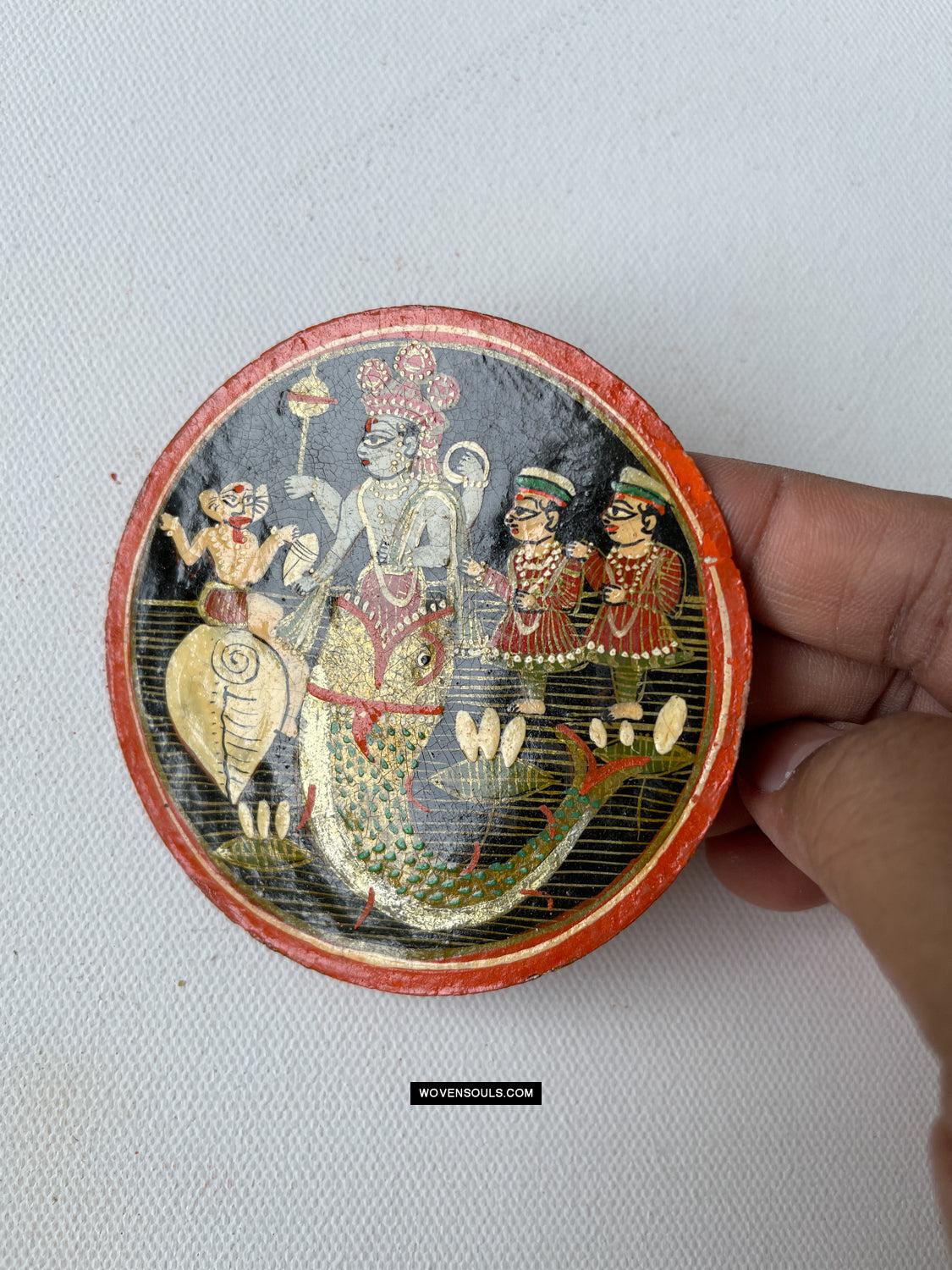 1384-A ONE Large Antique Lacquered Ganjifa Playing Cards - Premium Face Court Card-WOVENSOULS Antique Textiles & Art Gallery