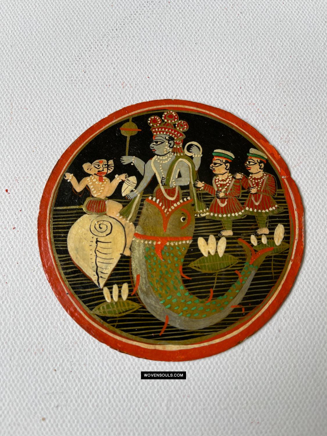 1384-A ONE Large Antique Lacquered Ganjifa Playing Cards - Premium Face Court Card-WOVENSOULS Antique Textiles & Art Gallery