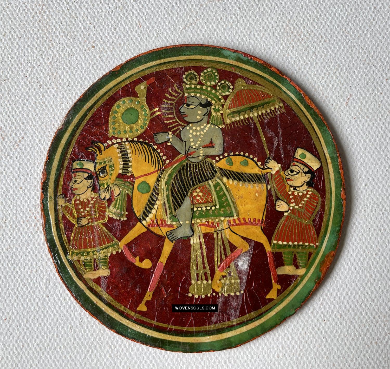 1384-B TWO Large Antique Lacquered Ganjifa Playing Cards - Premium Face Court Card-WOVENSOULS Antique Textiles & Art Gallery