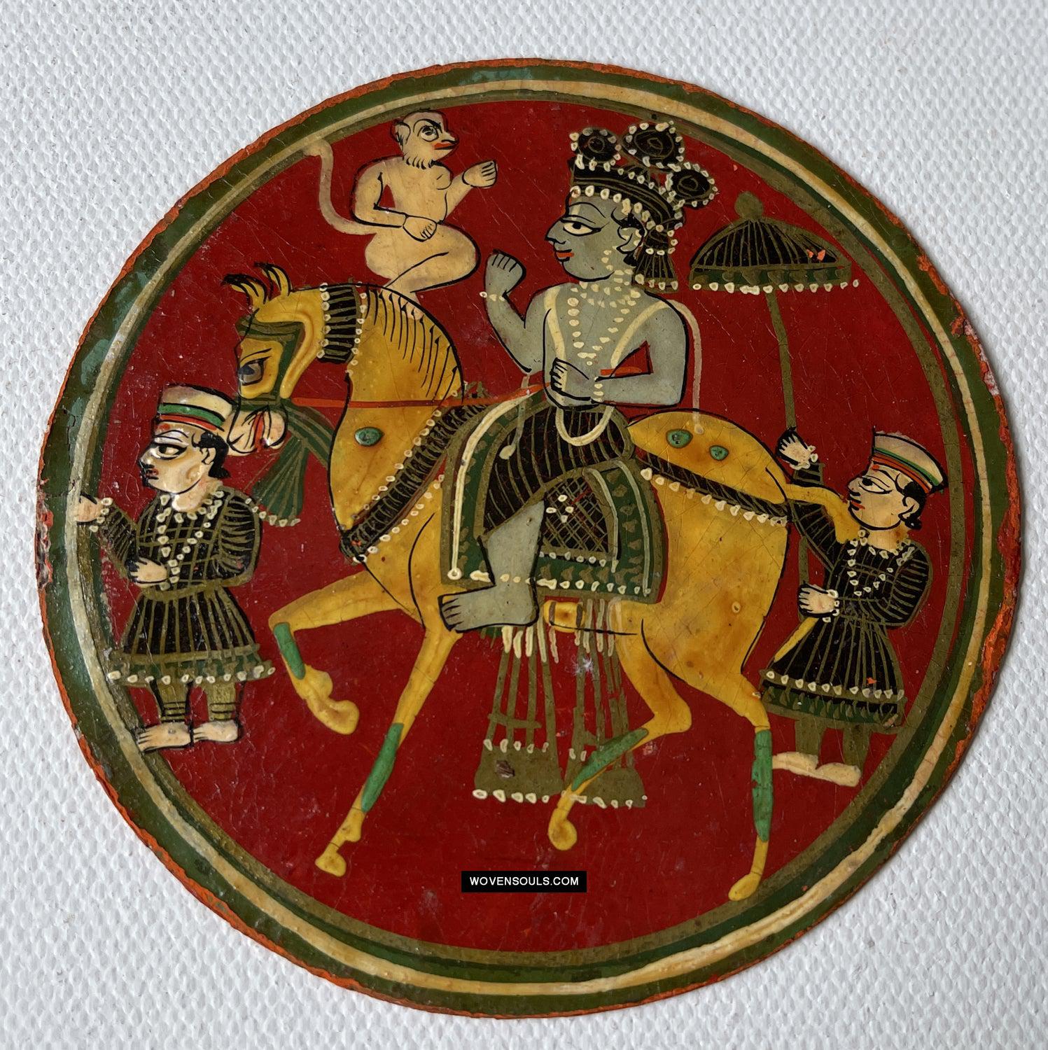 1384-B TWO Large Antique Lacquered Ganjifa Playing Cards - Premium Face Court Card-WOVENSOULS Antique Textiles & Art Gallery