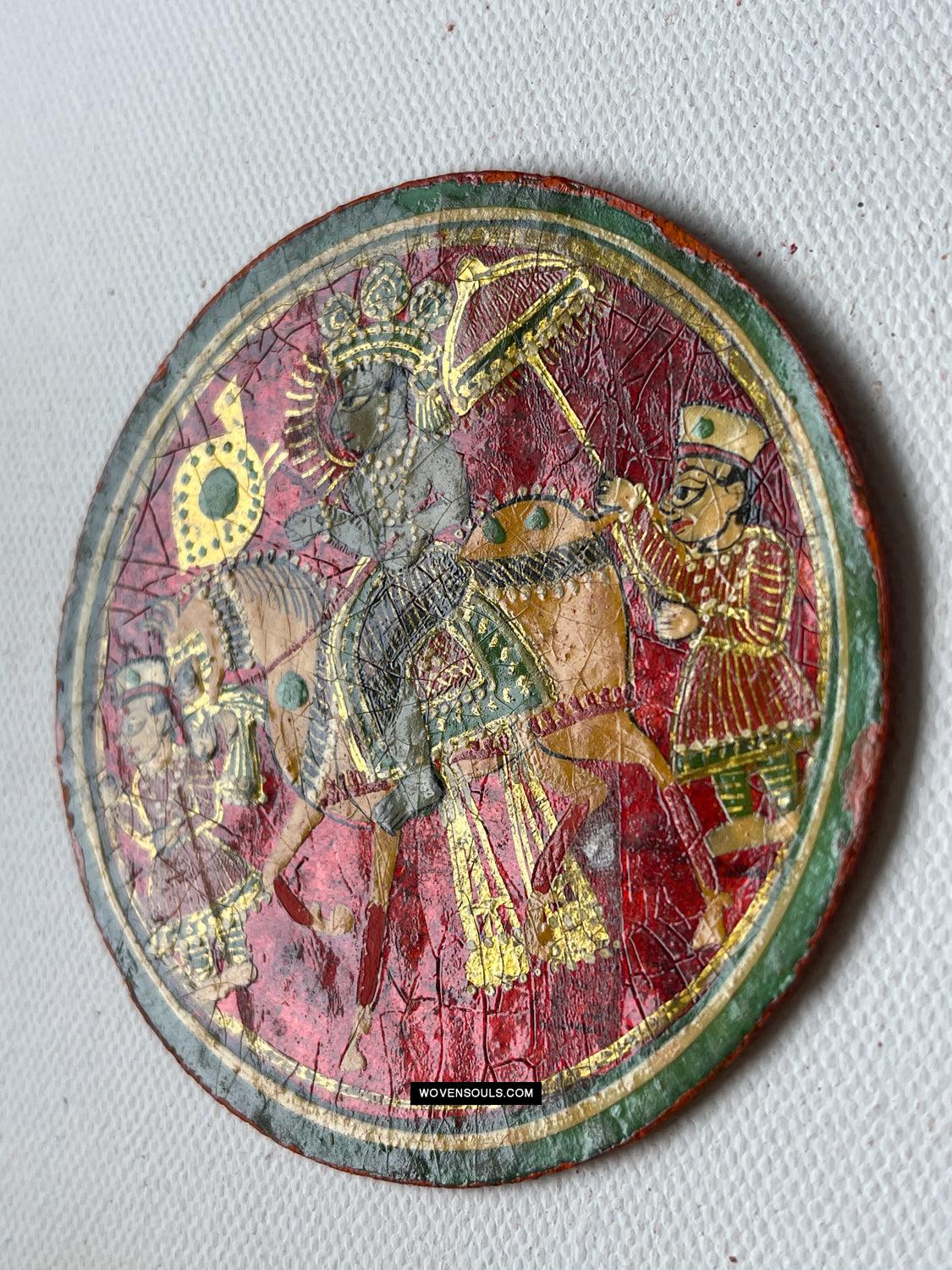 1384-B TWO Large Antique Lacquered Ganjifa Playing Cards - Premium Face Court Card-WOVENSOULS Antique Textiles & Art Gallery