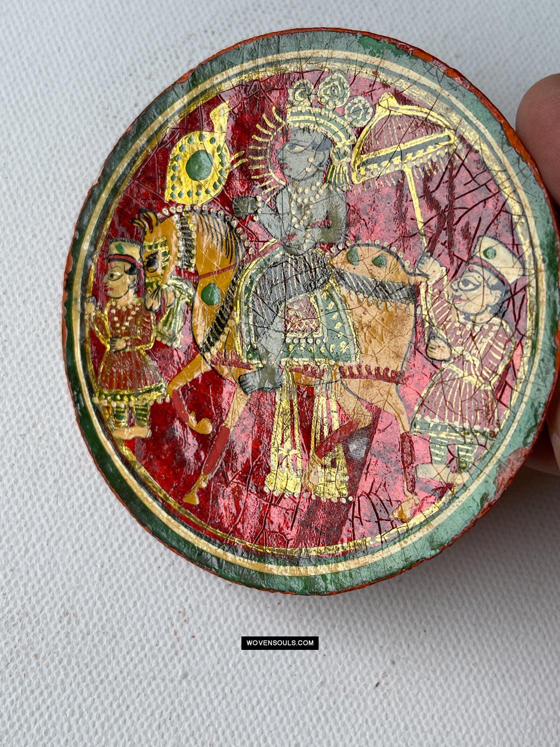 1384-B TWO Large Antique Lacquered Ganjifa Playing Cards - Premium Face Court Card-WOVENSOULS Antique Textiles & Art Gallery