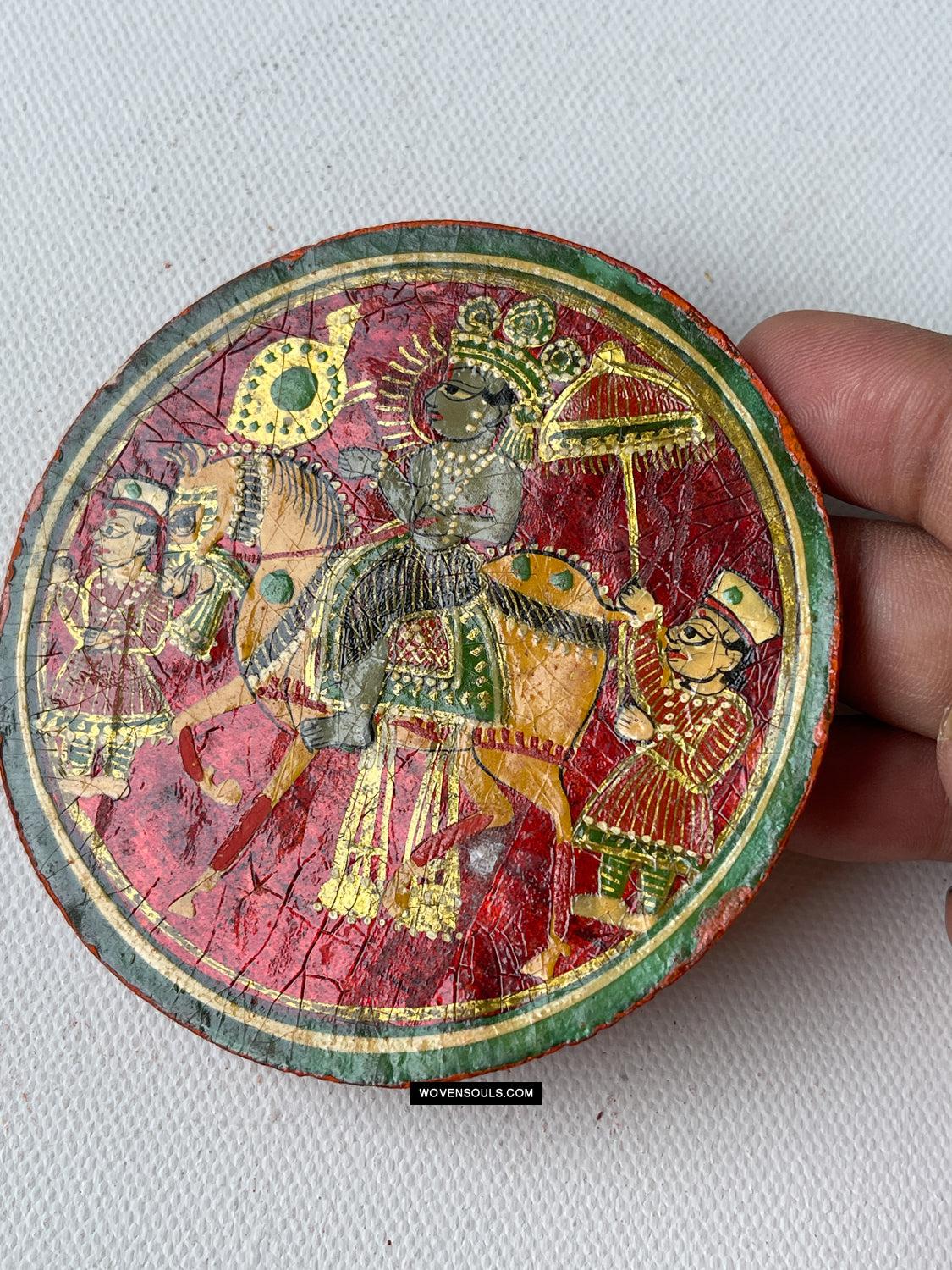 1384-B TWO Large Antique Lacquered Ganjifa Playing Cards - Premium Face Court Card-WOVENSOULS Antique Textiles & Art Gallery