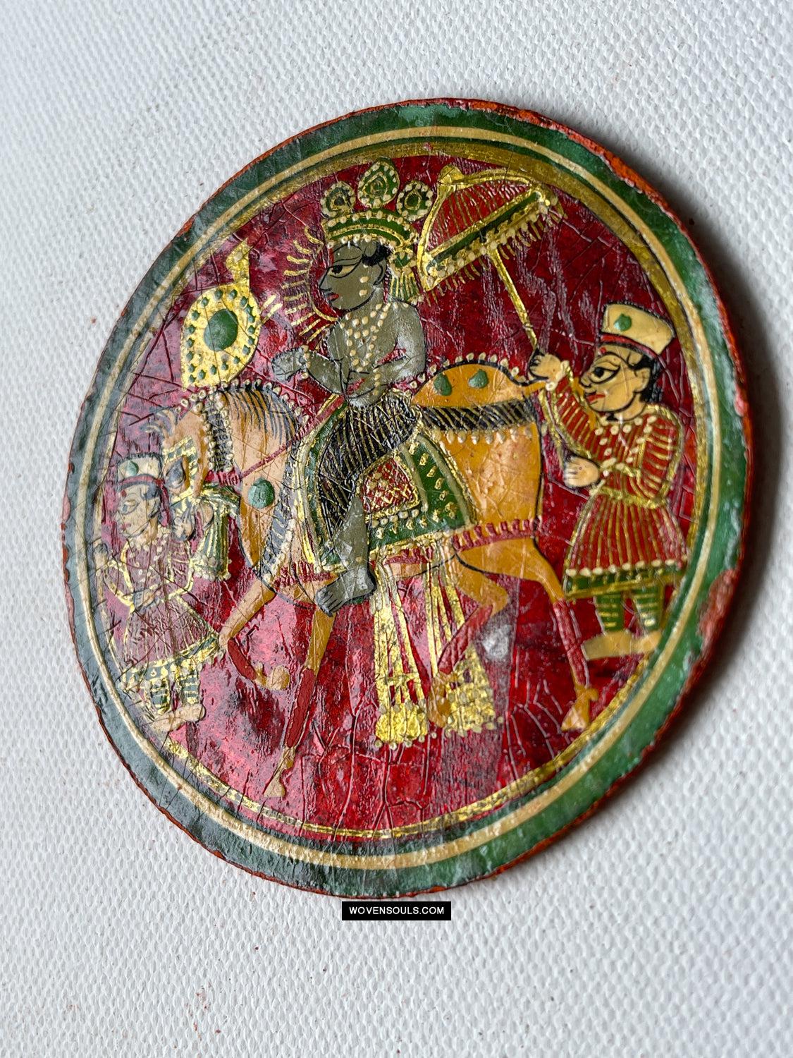 1384-B TWO Large Antique Lacquered Ganjifa Playing Cards - Premium Face Court Card-WOVENSOULS Antique Textiles & Art Gallery