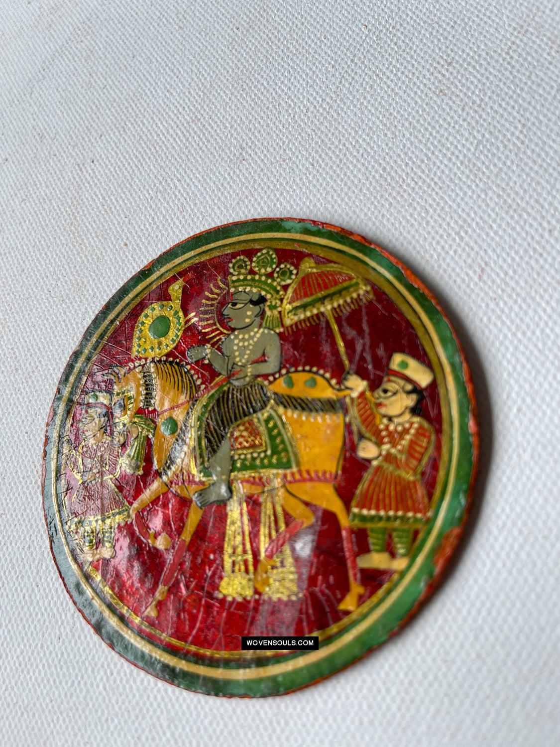 1384-B TWO Large Antique Lacquered Ganjifa Playing Cards - Premium Face Court Card-WOVENSOULS Antique Textiles & Art Gallery