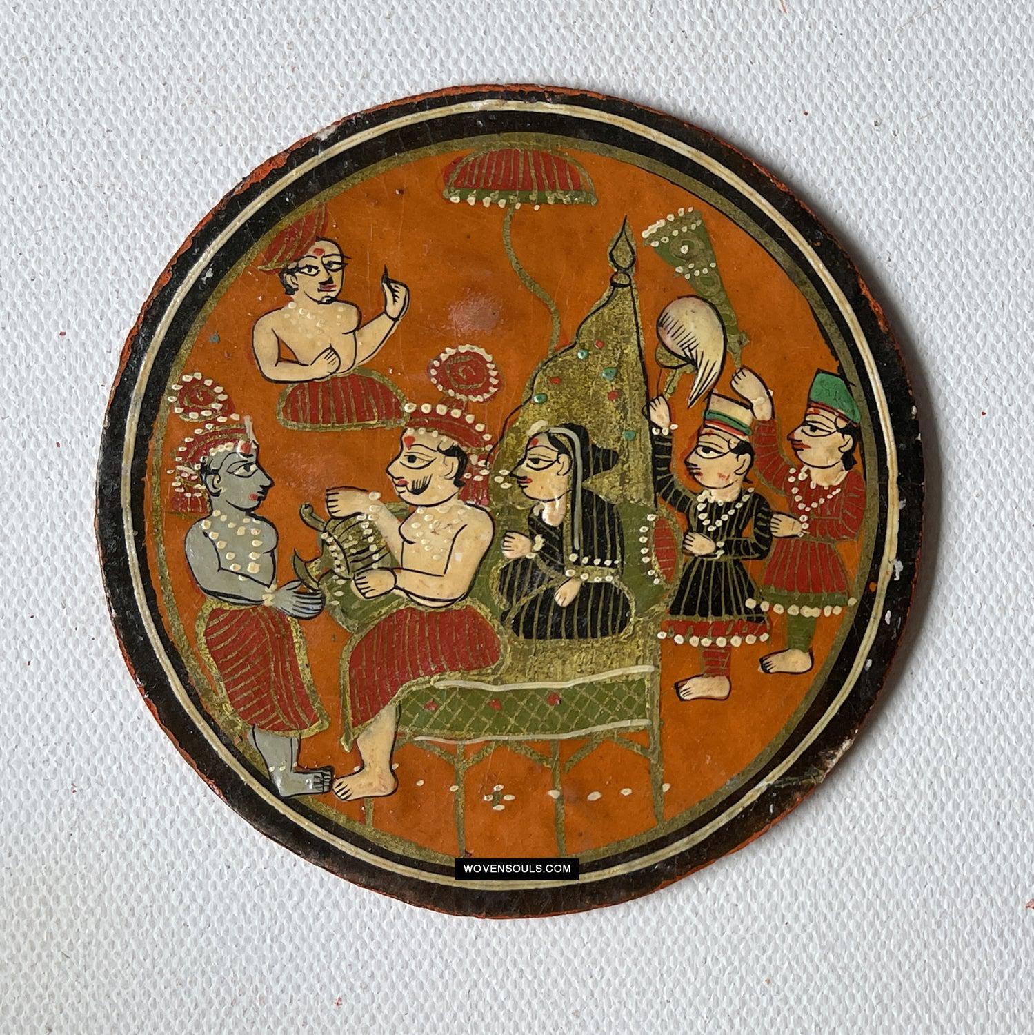 1384-C TWO Large Antique Lacquered Ganjifa Playing Cards - Premium Face Court Card-WOVENSOULS Antique Textiles & Art Gallery