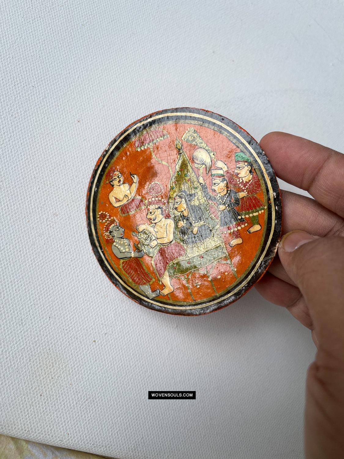 1384-C TWO Large Antique Lacquered Ganjifa Playing Cards - Premium Face Court Card-WOVENSOULS Antique Textiles & Art Gallery