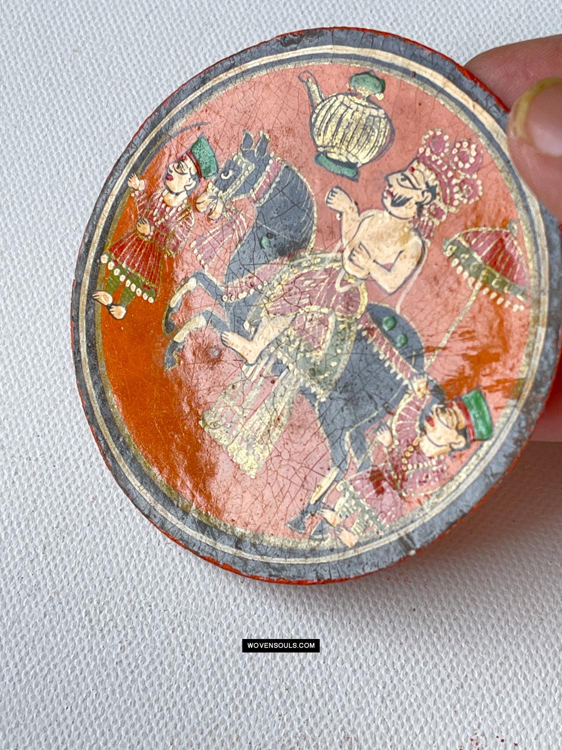 1384-C TWO Large Antique Lacquered Ganjifa Playing Cards - Premium Face Court Card-WOVENSOULS Antique Textiles & Art Gallery