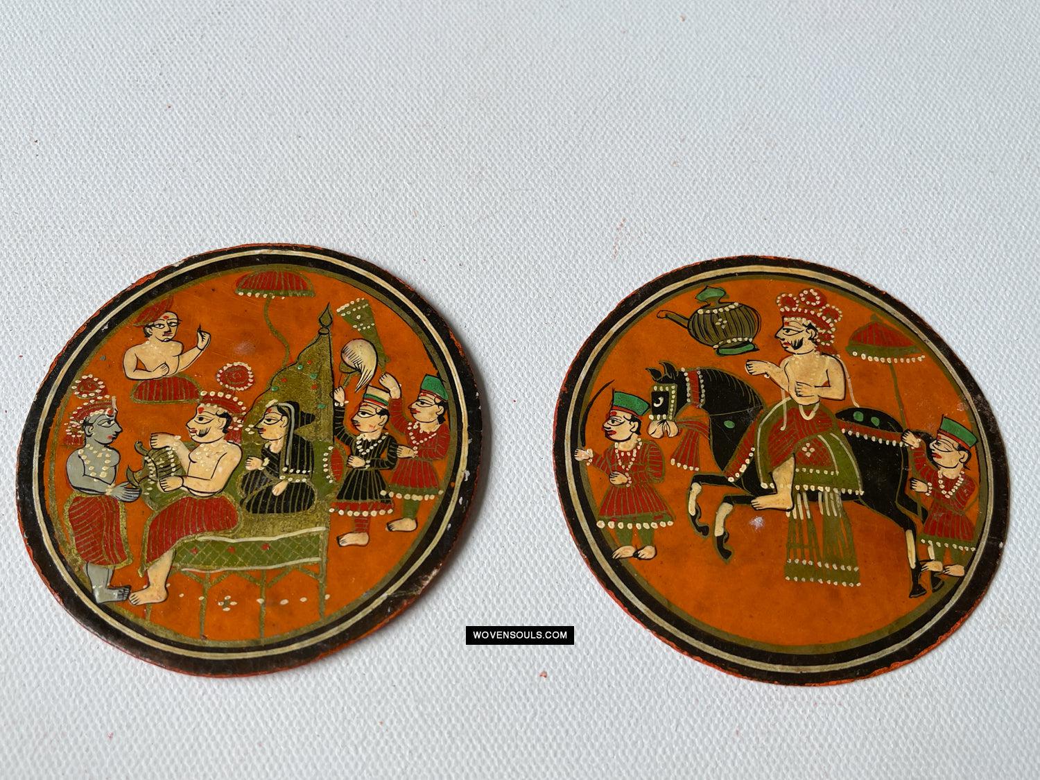 1384-C TWO Large Antique Lacquered Ganjifa Playing Cards - Premium Face Court Card-WOVENSOULS Antique Textiles & Art Gallery