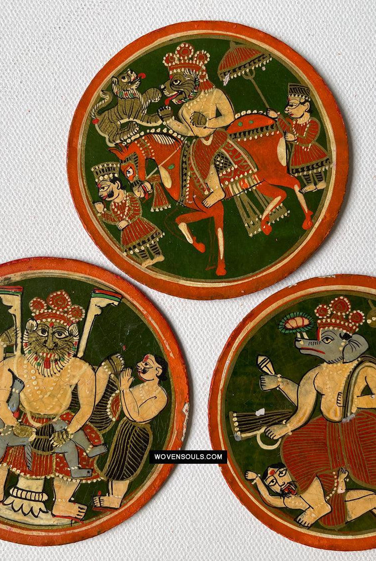 1384-D THREE Large Antique Lacquered Ganjifa Playing Cards - Premium Face Court Card-WOVENSOULS Antique Textiles & Art Gallery