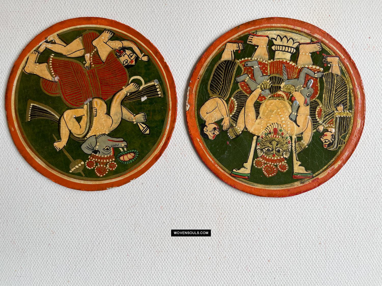 1384-D THREE Large Antique Lacquered Ganjifa Playing Cards - Premium Face Court Card-WOVENSOULS Antique Textiles & Art Gallery