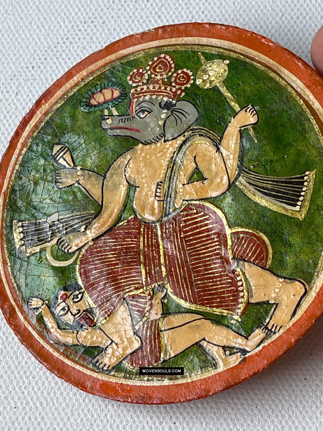 1384-D THREE Large Antique Lacquered Ganjifa Playing Cards - Premium Face Court Card-WOVENSOULS Antique Textiles & Art Gallery