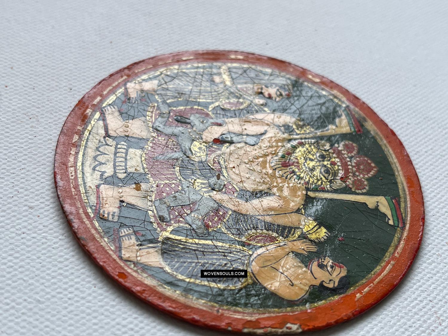 1384-D THREE Large Antique Lacquered Ganjifa Playing Cards - Premium Face Court Card-WOVENSOULS Antique Textiles & Art Gallery