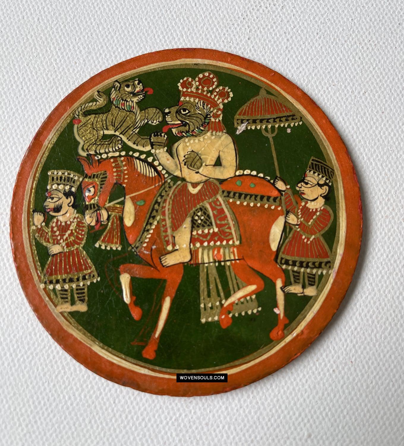 1384-D THREE Large Antique Lacquered Ganjifa Playing Cards - Premium Face Court Card-WOVENSOULS Antique Textiles & Art Gallery