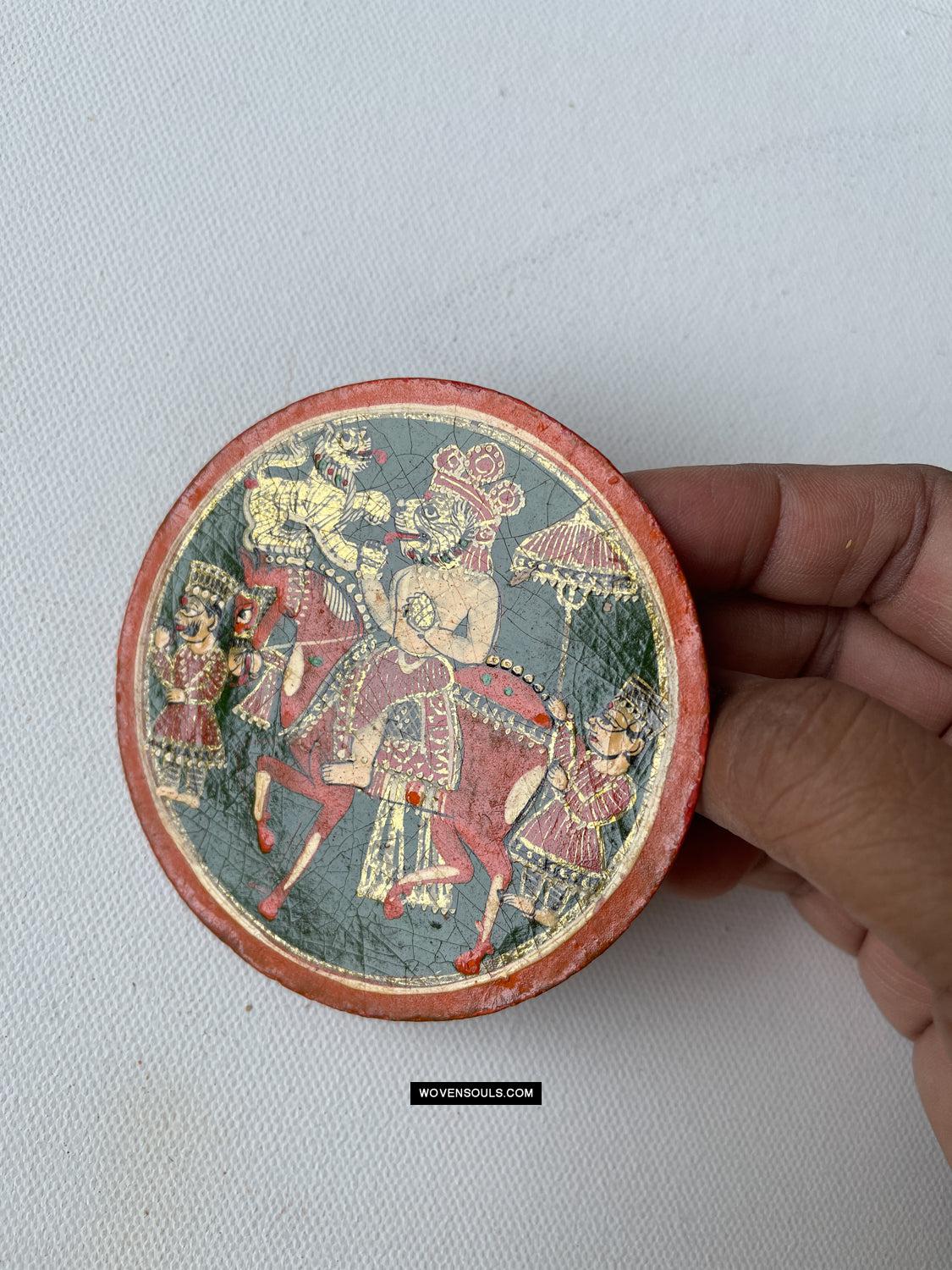 1384-D THREE Large Antique Lacquered Ganjifa Playing Cards - Premium Face Court Card-WOVENSOULS Antique Textiles & Art Gallery