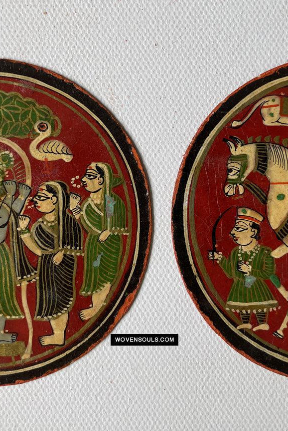 1384-E TWO Large Antique Lacquered Ganjifa Playing Cards - Premium Face Court Card-WOVENSOULS Antique Textiles & Art Gallery