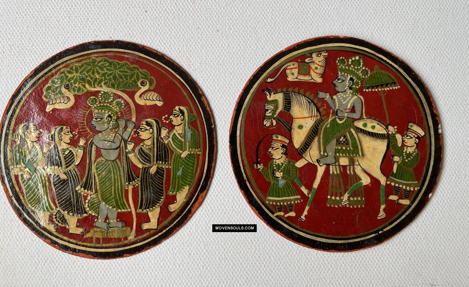 1384-E TWO Large Antique Lacquered Ganjifa Playing Cards - Premium Face Court Card-WOVENSOULS Antique Textiles & Art Gallery