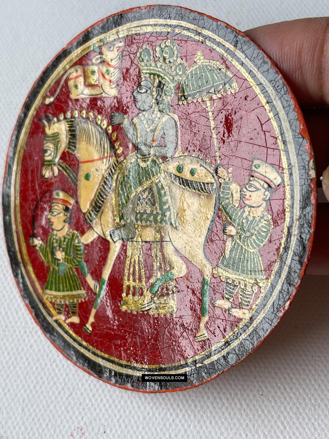 1384-E TWO Large Antique Lacquered Ganjifa Playing Cards - Premium Face Court Card-WOVENSOULS Antique Textiles & Art Gallery