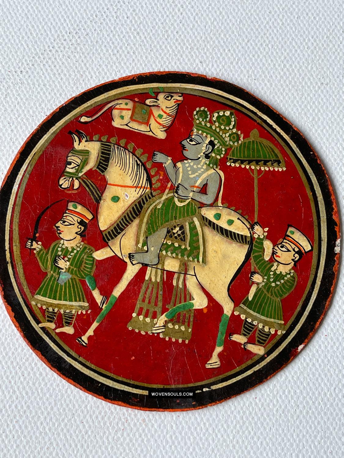 1384-E TWO Large Antique Lacquered Ganjifa Playing Cards - Premium Face Court Card-WOVENSOULS Antique Textiles & Art Gallery