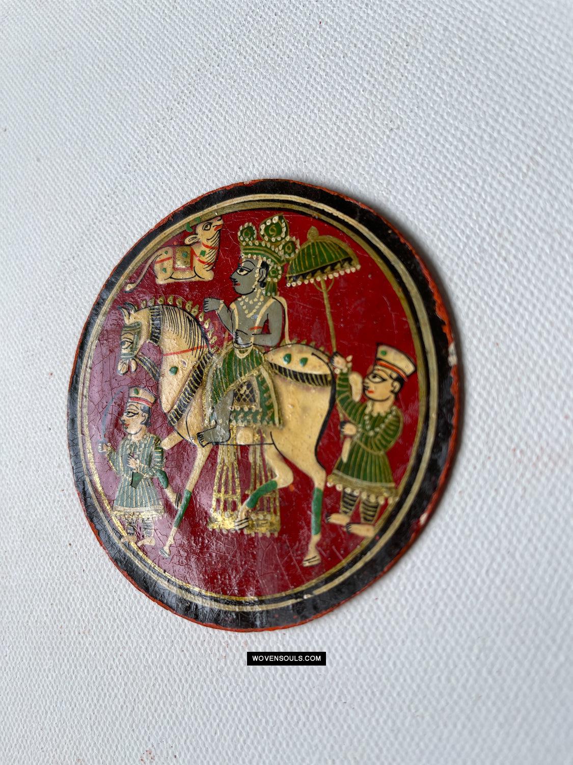 1384-E TWO Large Antique Lacquered Ganjifa Playing Cards - Premium Face Court Card-WOVENSOULS Antique Textiles & Art Gallery