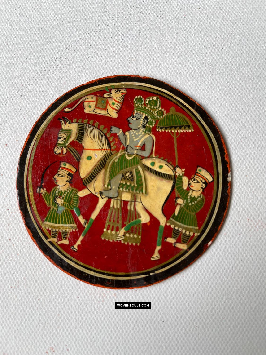 1384-E TWO Large Antique Lacquered Ganjifa Playing Cards - Premium Face Court Card-WOVENSOULS Antique Textiles & Art Gallery