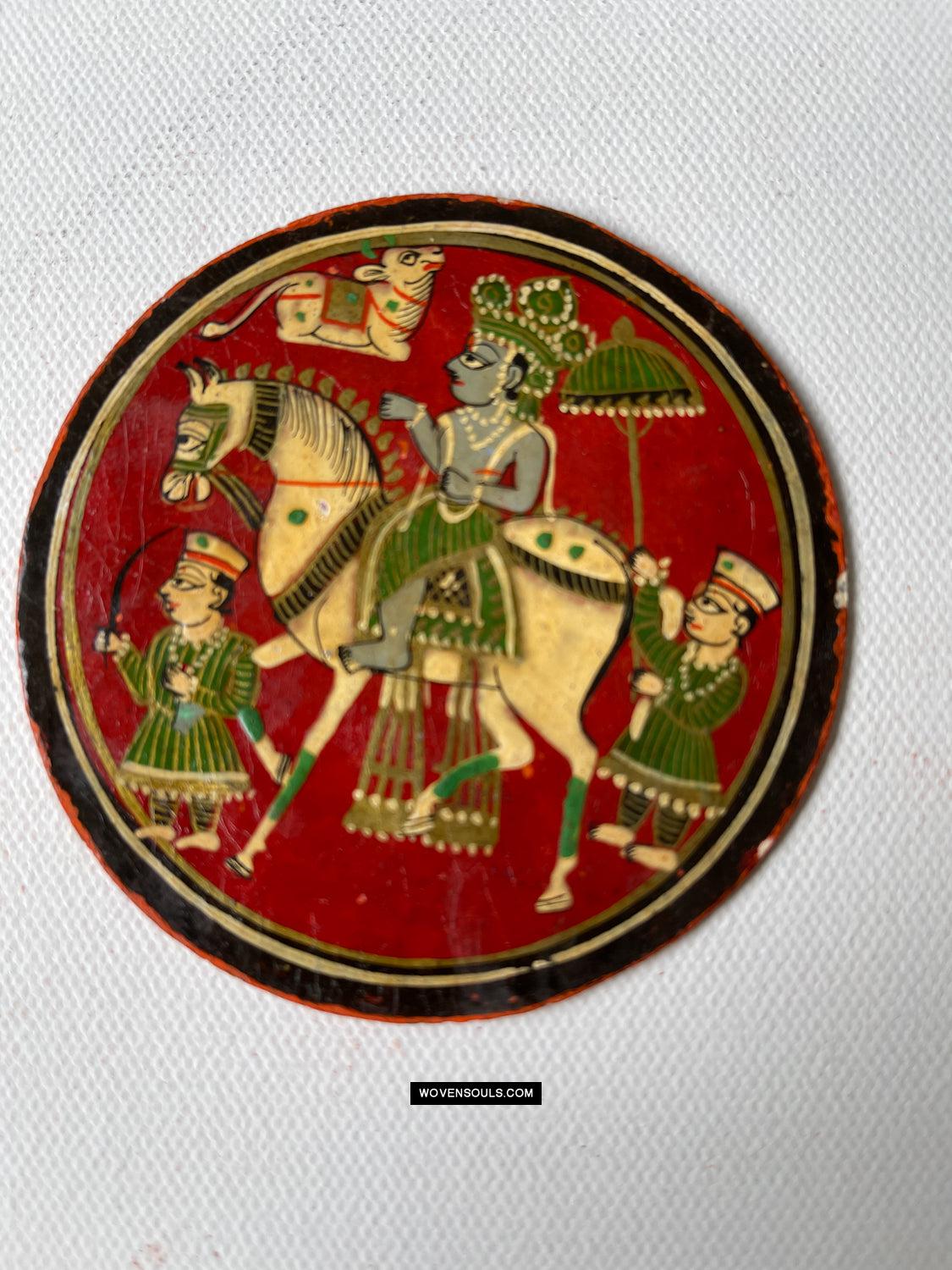 1384-E TWO Large Antique Lacquered Ganjifa Playing Cards - Premium Face Court Card-WOVENSOULS Antique Textiles & Art Gallery