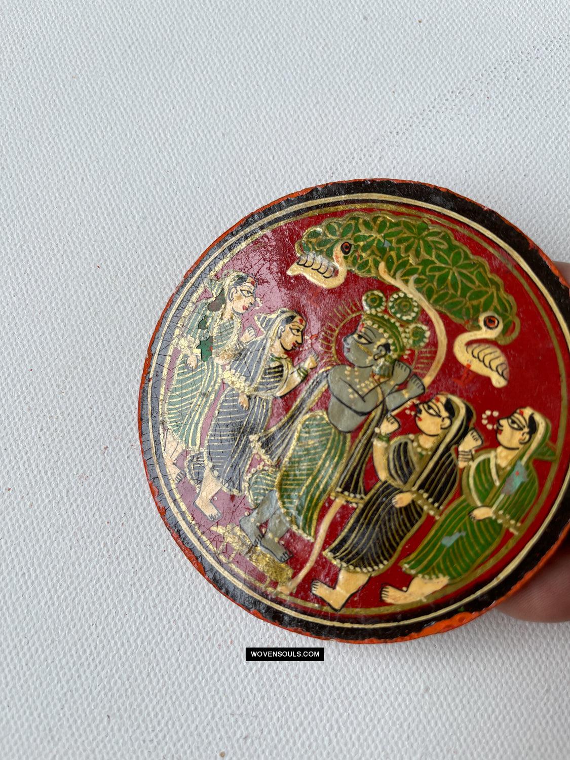 1384-E TWO Large Antique Lacquered Ganjifa Playing Cards - Premium Face Court Card-WOVENSOULS Antique Textiles & Art Gallery