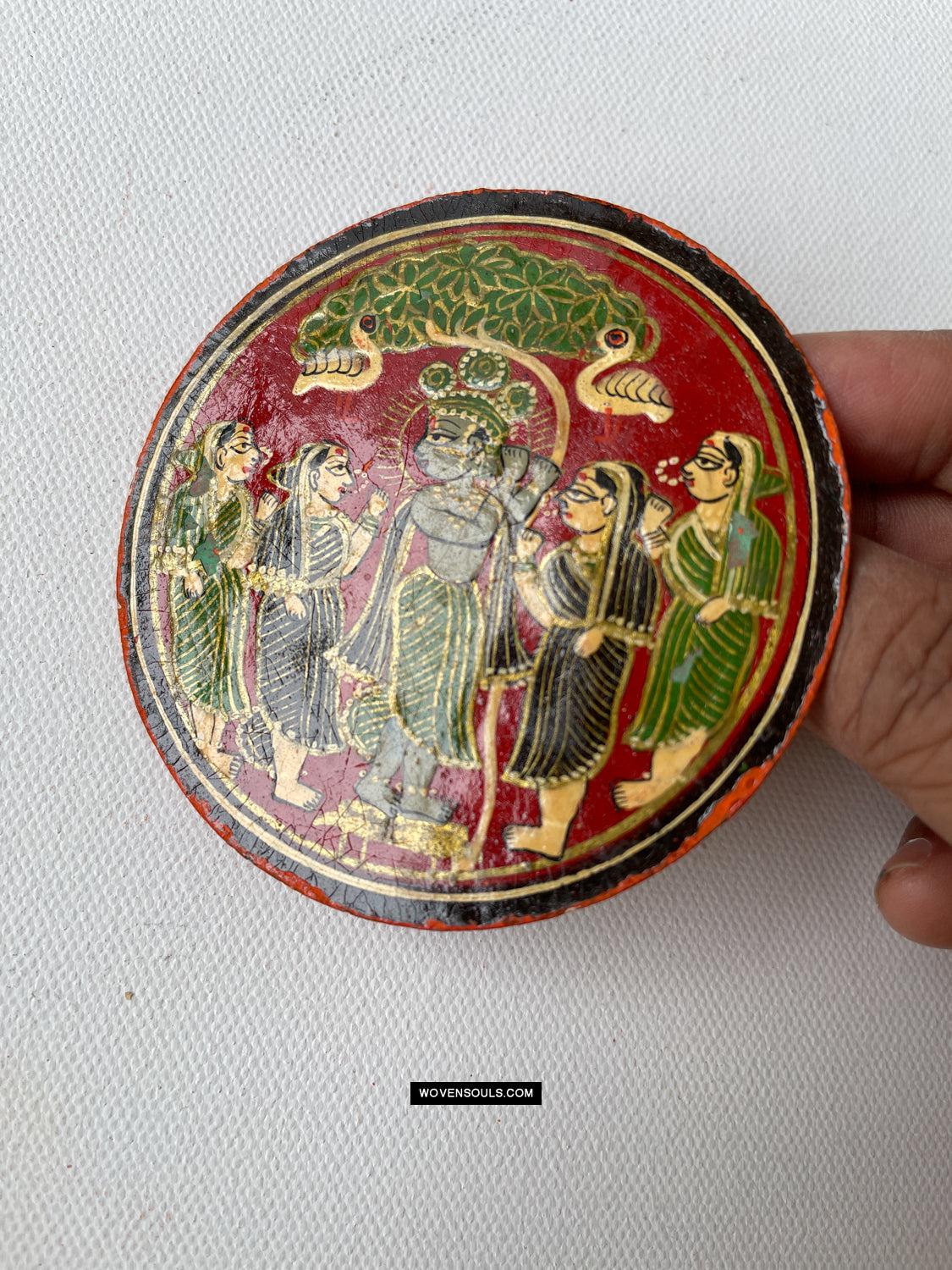 1384-E TWO Large Antique Lacquered Ganjifa Playing Cards - Premium Face Court Card-WOVENSOULS Antique Textiles & Art Gallery