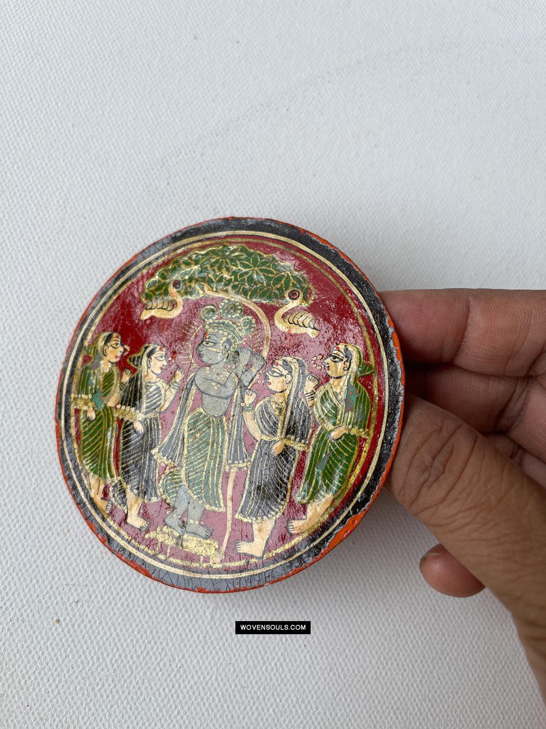 1384-E TWO Large Antique Lacquered Ganjifa Playing Cards - Premium Face Court Card-WOVENSOULS Antique Textiles & Art Gallery