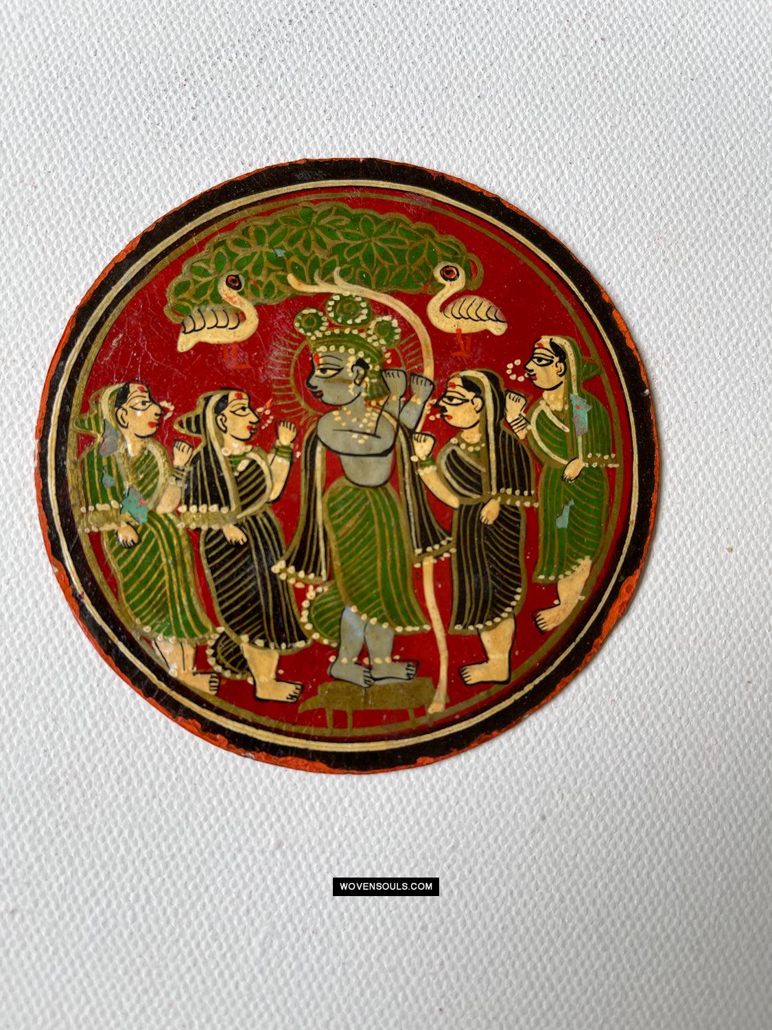 1384-E TWO Large Antique Lacquered Ganjifa Playing Cards - Premium Face Court Card-WOVENSOULS Antique Textiles & Art Gallery