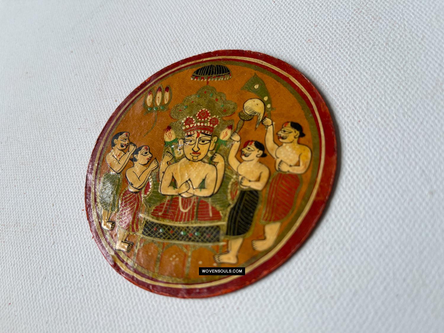 1384-F ONE Large Antique Lacquered Ganjifa Playing Cards - Premium Jain Face Court Card-WOVENSOULS Antique Textiles & Art Gallery