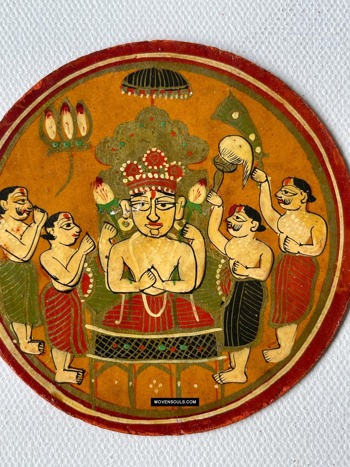 1384-F ONE Large Antique Lacquered Ganjifa Playing Cards - Premium Jain Face Court Card-WOVENSOULS Antique Textiles & Art Gallery