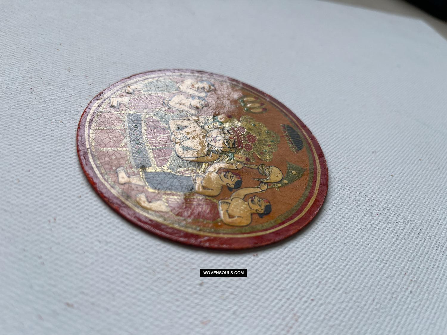 1384-F ONE Large Antique Lacquered Ganjifa Playing Cards - Premium Jain Face Court Card-WOVENSOULS Antique Textiles & Art Gallery