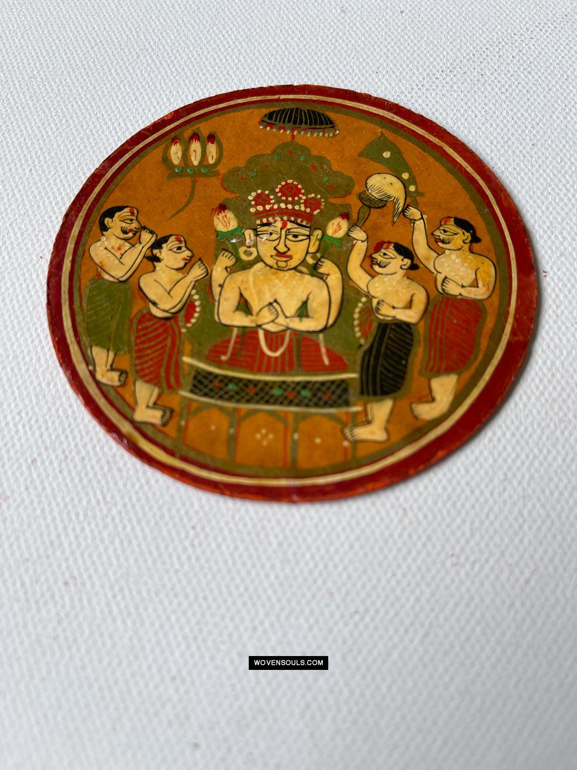 1384-F ONE Large Antique Lacquered Ganjifa Playing Cards - Premium Jain Face Court Card-WOVENSOULS Antique Textiles & Art Gallery