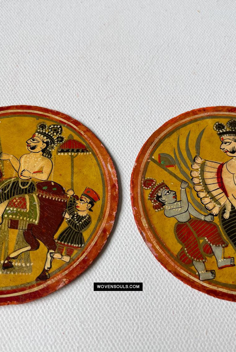 1384-G TWO Large Antique Lacquered Ganjifa Playing Cards - Premium Face Court Card-WOVENSOULS Antique Textiles & Art Gallery