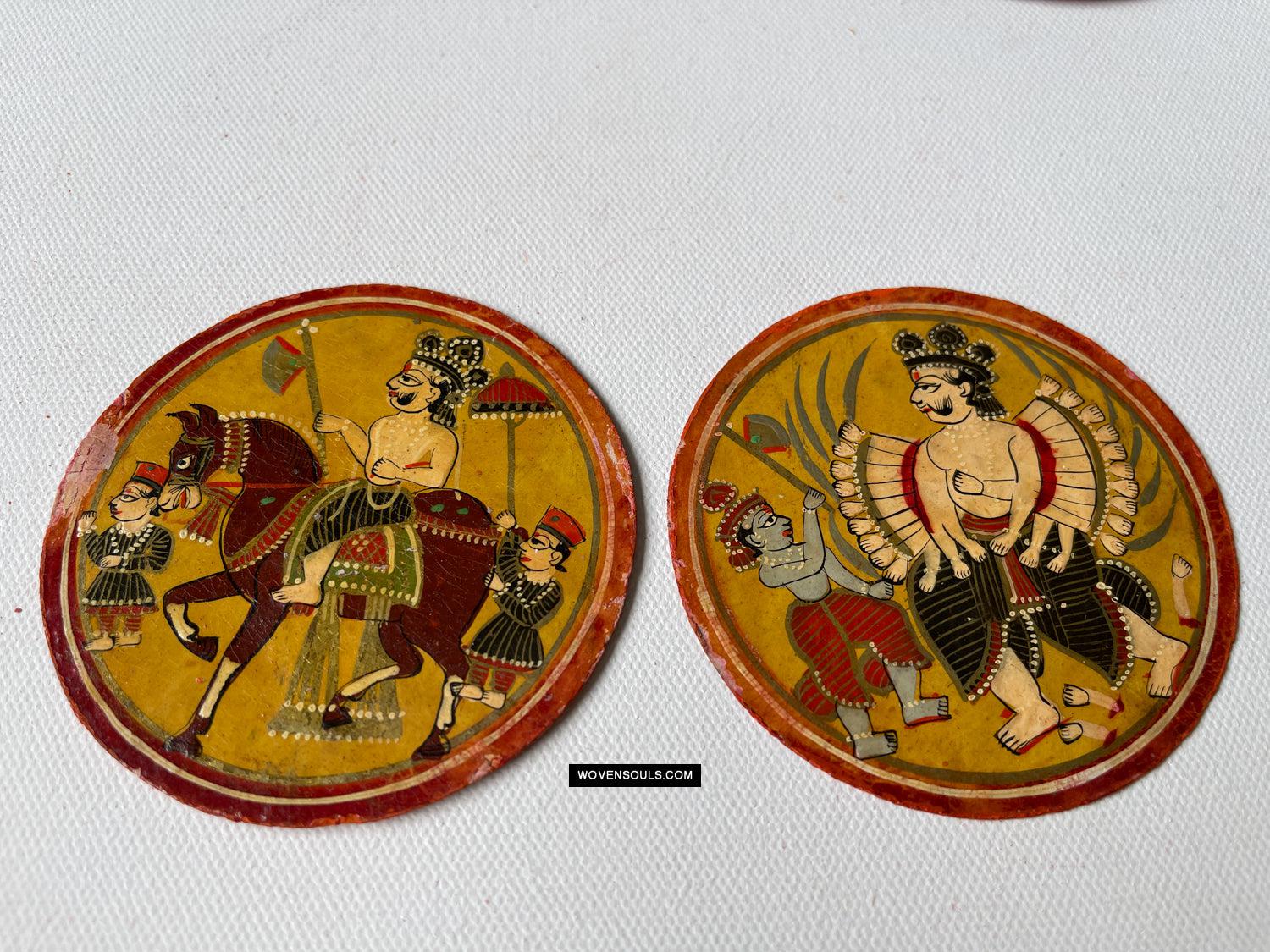 1384-G TWO Large Antique Lacquered Ganjifa Playing Cards - Premium Face Court Card-WOVENSOULS Antique Textiles & Art Gallery