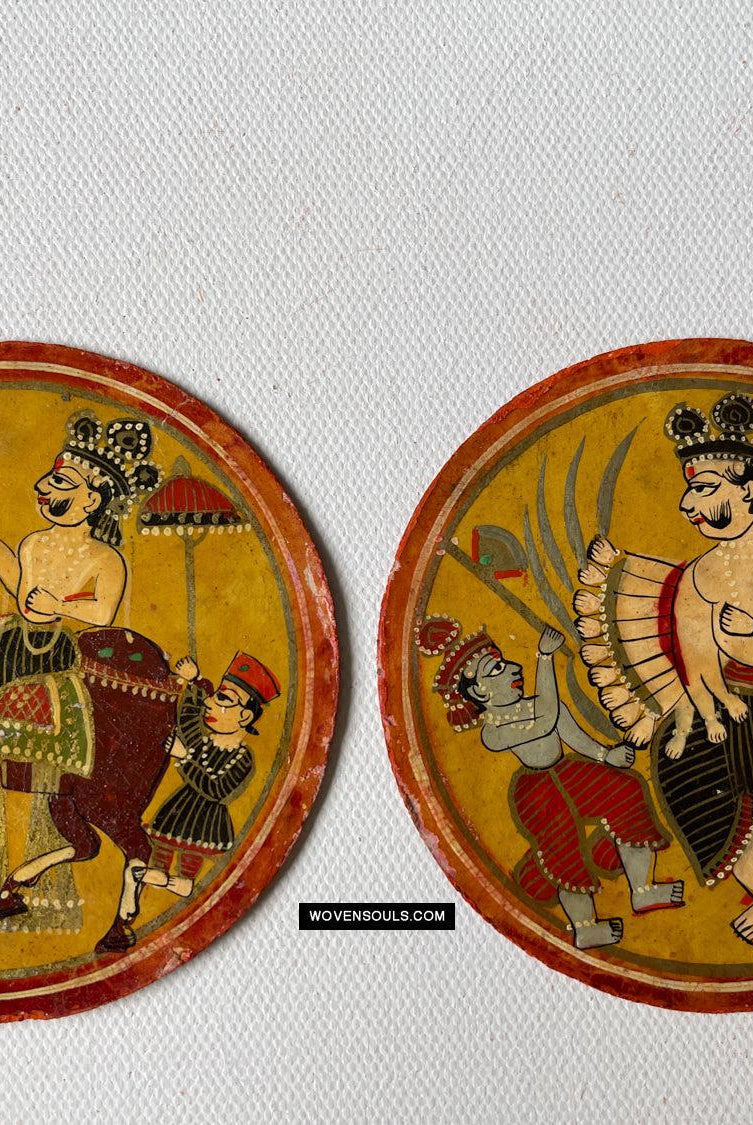 1384-G TWO Large Antique Lacquered Ganjifa Playing Cards - Premium Face Court Card-WOVENSOULS Antique Textiles & Art Gallery