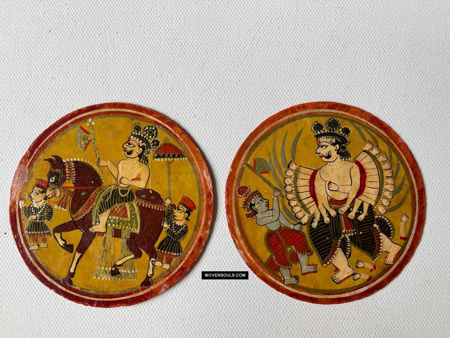 1384-G TWO Large Antique Lacquered Ganjifa Playing Cards - Premium Face Court Card-WOVENSOULS Antique Textiles & Art Gallery