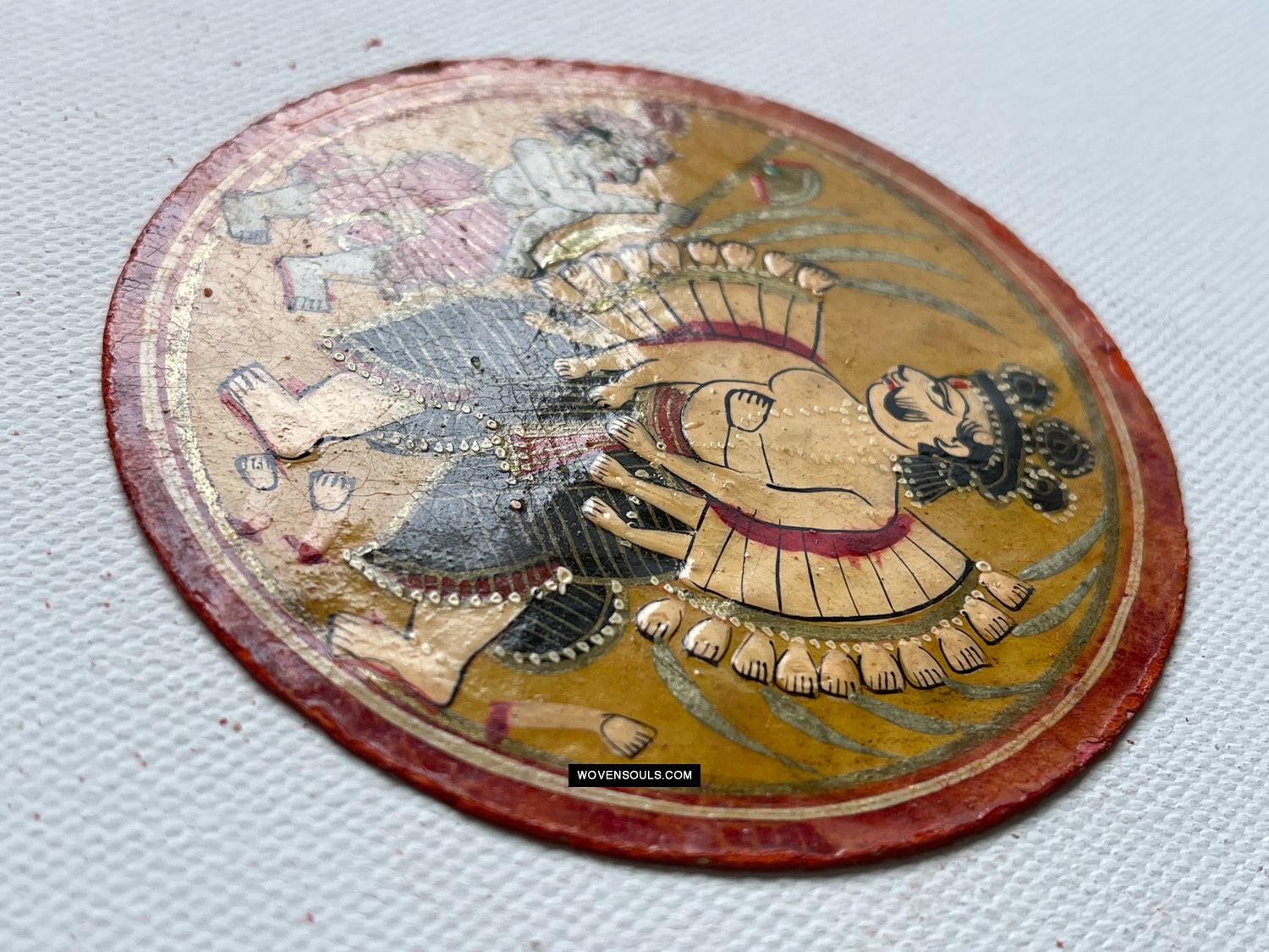 1384-G TWO Large Antique Lacquered Ganjifa Playing Cards - Premium Face Court Card-WOVENSOULS Antique Textiles & Art Gallery