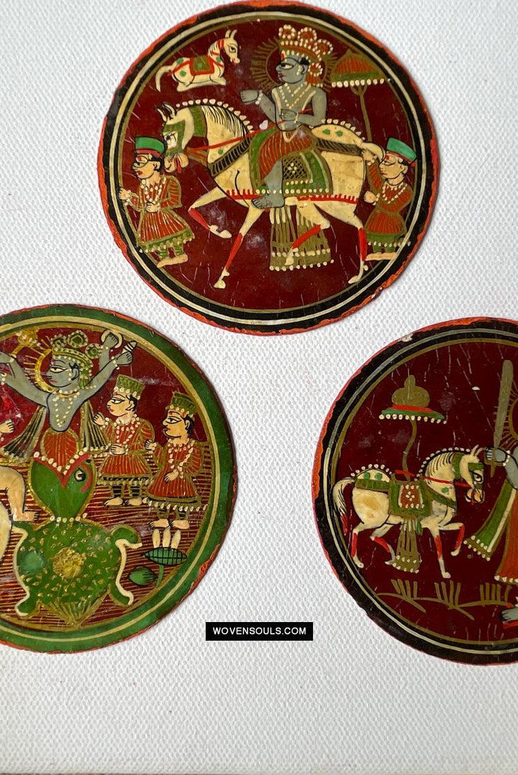 1384-H THREE Antique Lacquered Ganjifa Playing Cards - Premium Face Court Card-WOVENSOULS Antique Textiles & Art Gallery