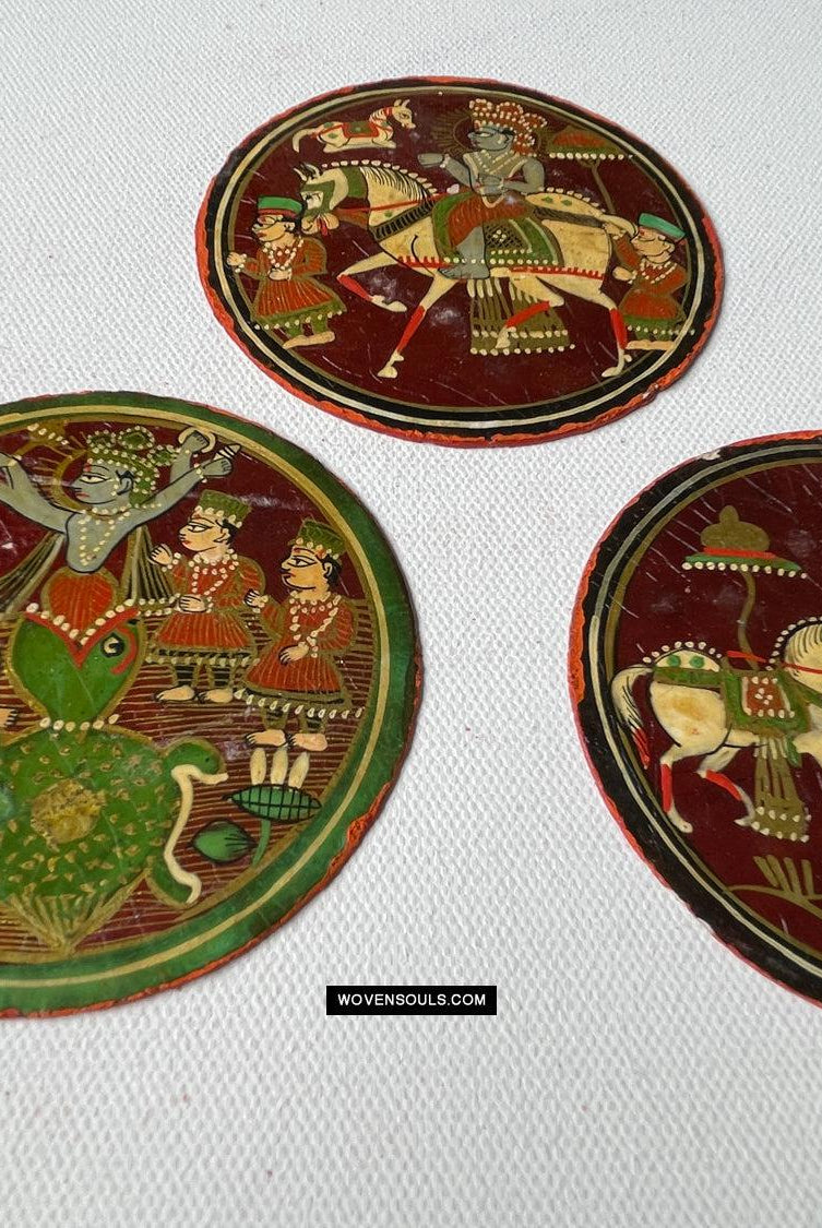 1384-H THREE Antique Lacquered Ganjifa Playing Cards - Premium Face Court Card-WOVENSOULS Antique Textiles & Art Gallery