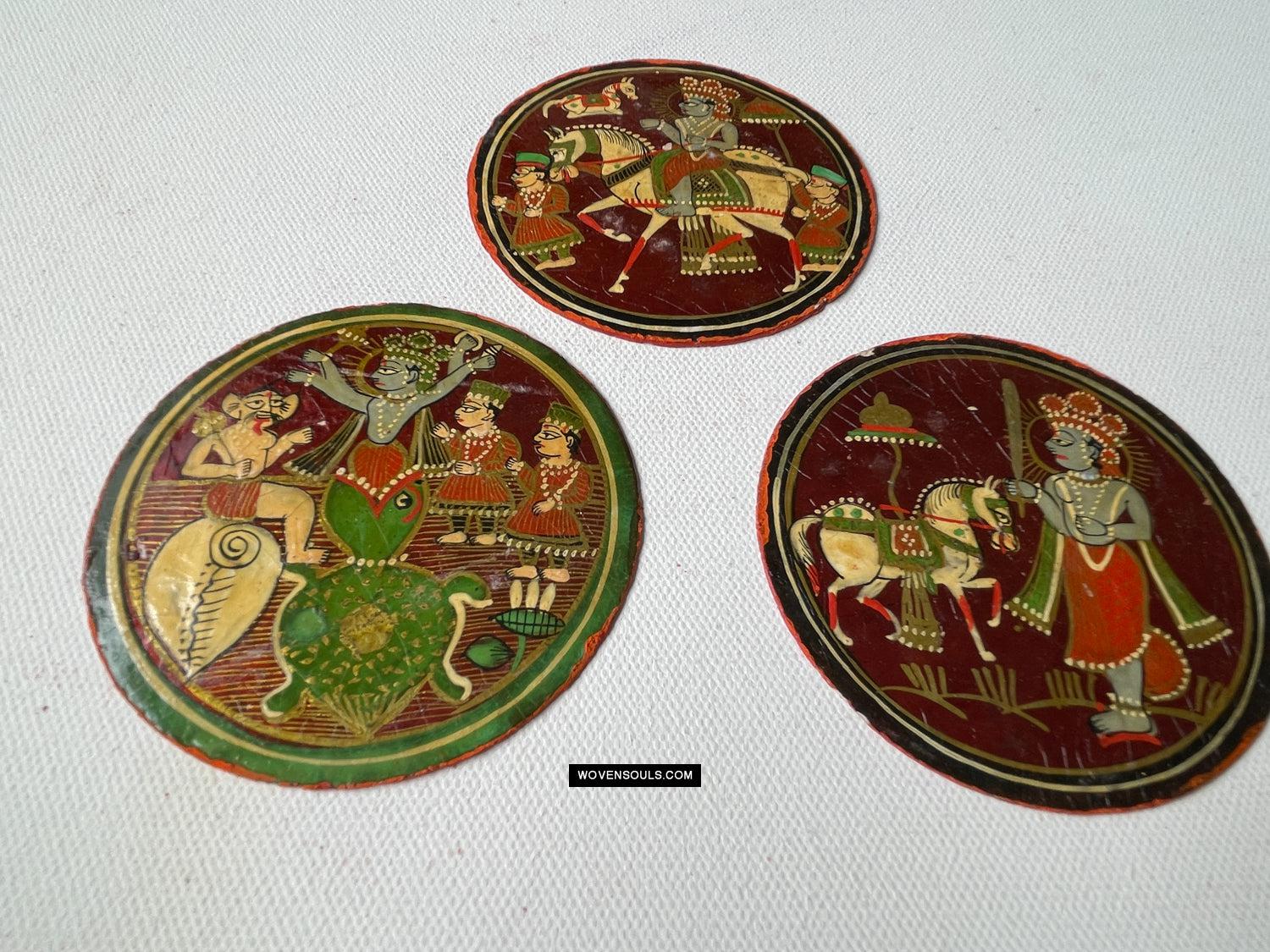 1384-H THREE Antique Lacquered Ganjifa Playing Cards - Premium Face Court Card-WOVENSOULS Antique Textiles & Art Gallery