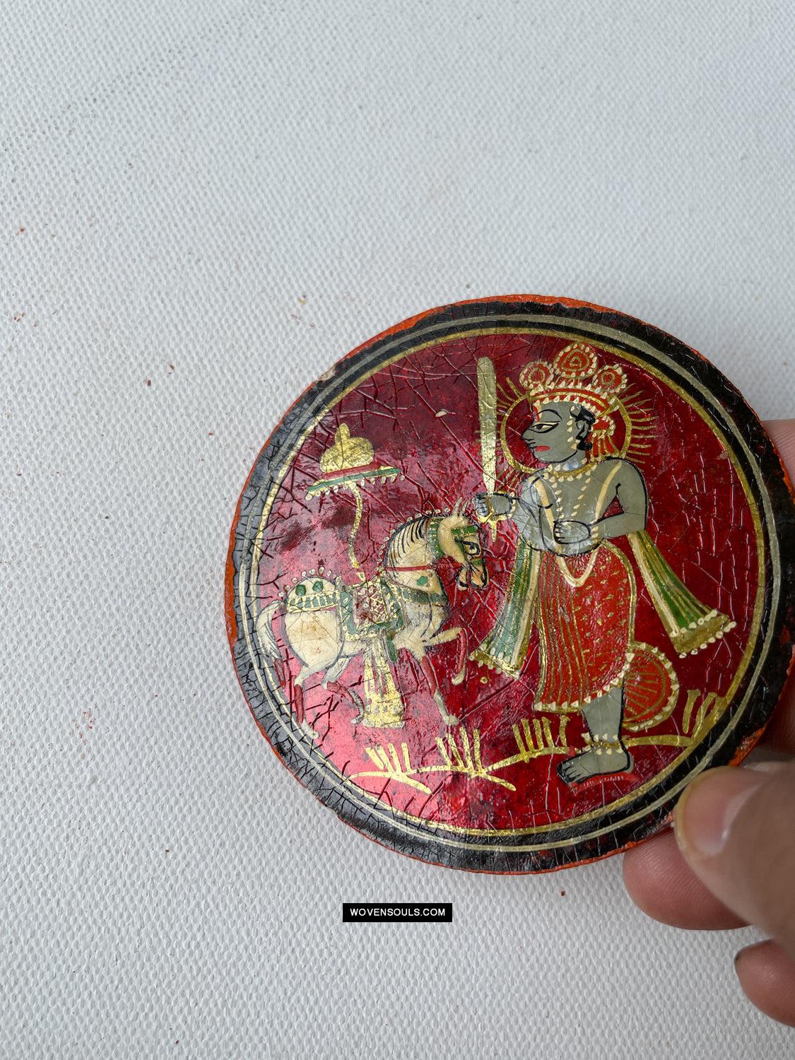 1384-H THREE Antique Lacquered Ganjifa Playing Cards - Premium Face Court Card-WOVENSOULS Antique Textiles & Art Gallery