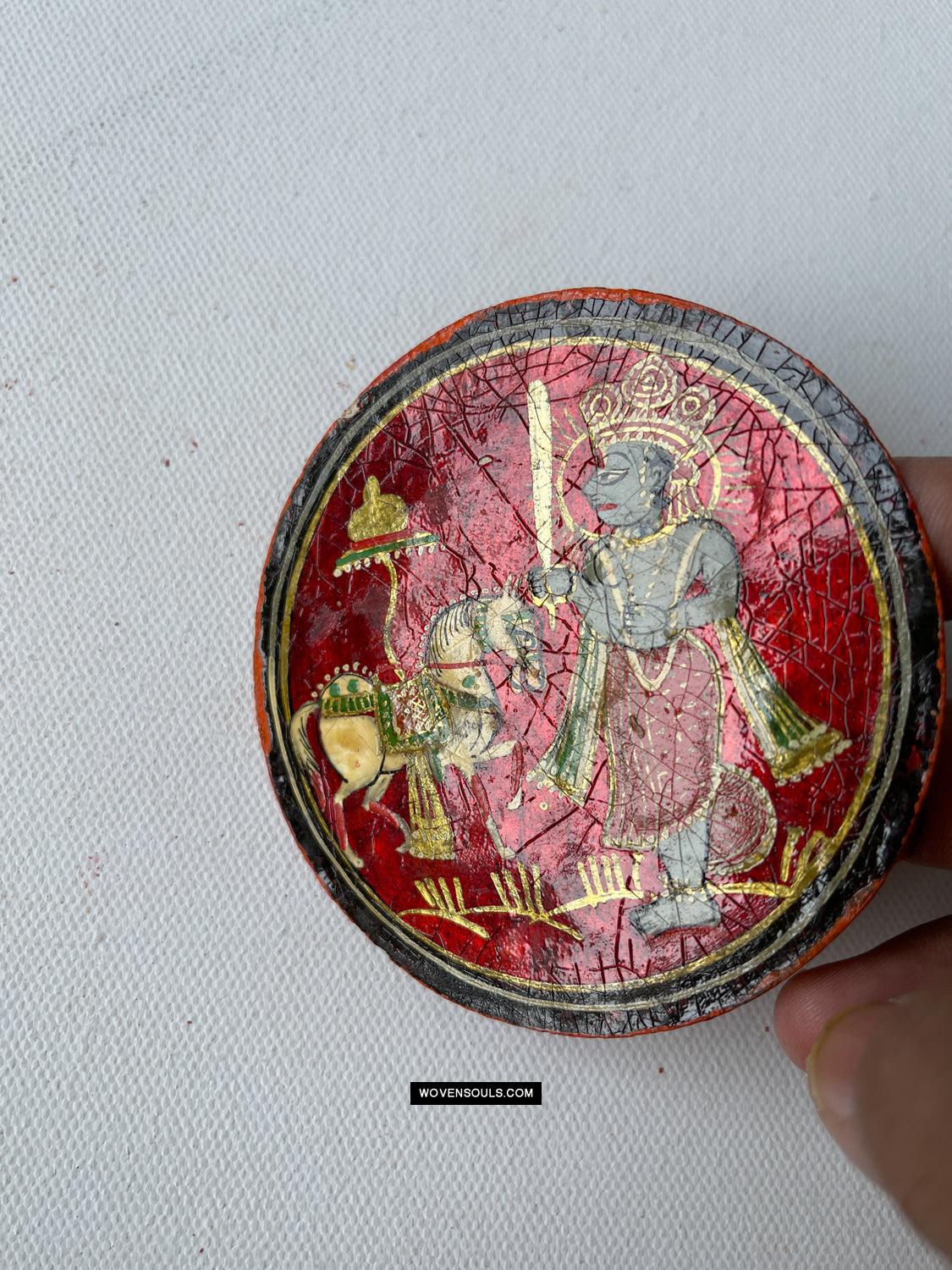 1384-H THREE Antique Lacquered Ganjifa Playing Cards - Premium Face Court Card-WOVENSOULS Antique Textiles & Art Gallery