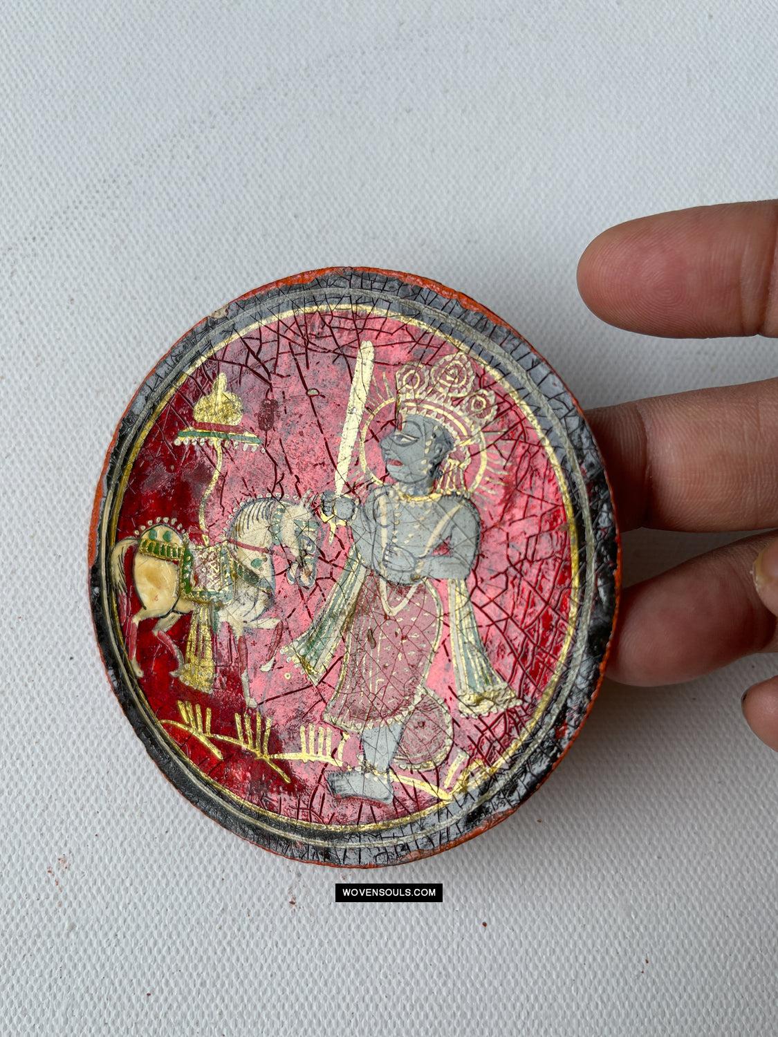 1384-H THREE Antique Lacquered Ganjifa Playing Cards - Premium Face Court Card-WOVENSOULS Antique Textiles & Art Gallery