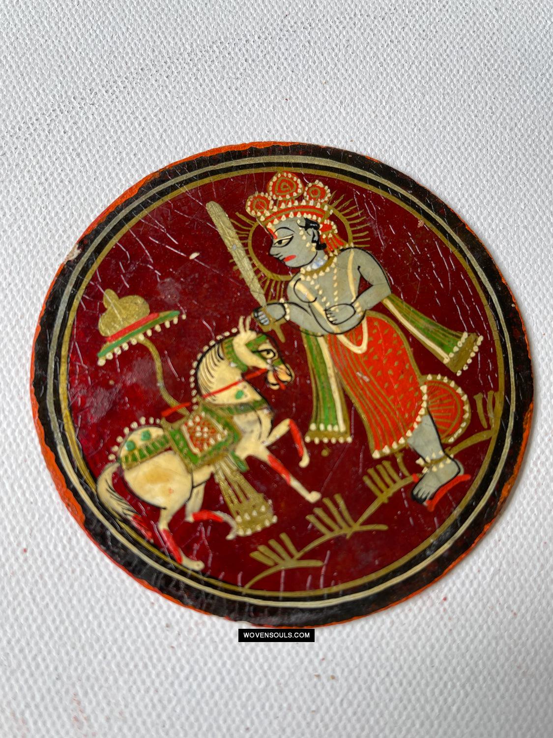 1384-H THREE Antique Lacquered Ganjifa Playing Cards - Premium Face Court Card-WOVENSOULS Antique Textiles & Art Gallery