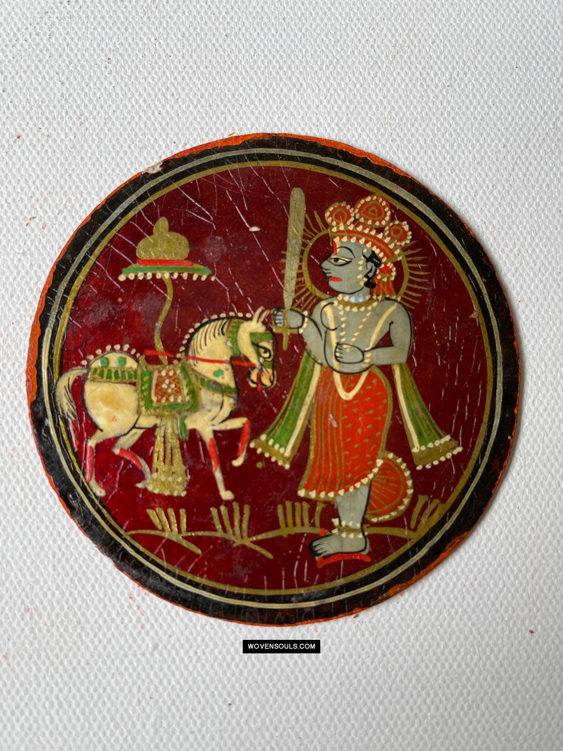 1384-H THREE Antique Lacquered Ganjifa Playing Cards - Premium Face Court Card-WOVENSOULS Antique Textiles & Art Gallery